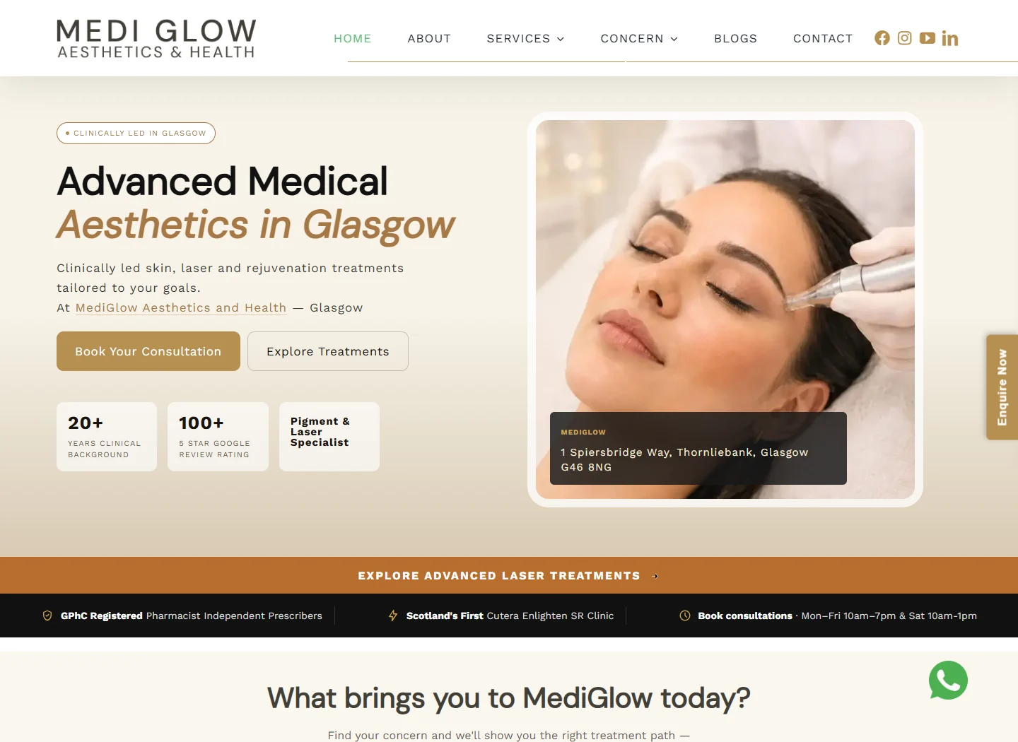 MediGlow Aesthetics website homepage developed by Fourdatr