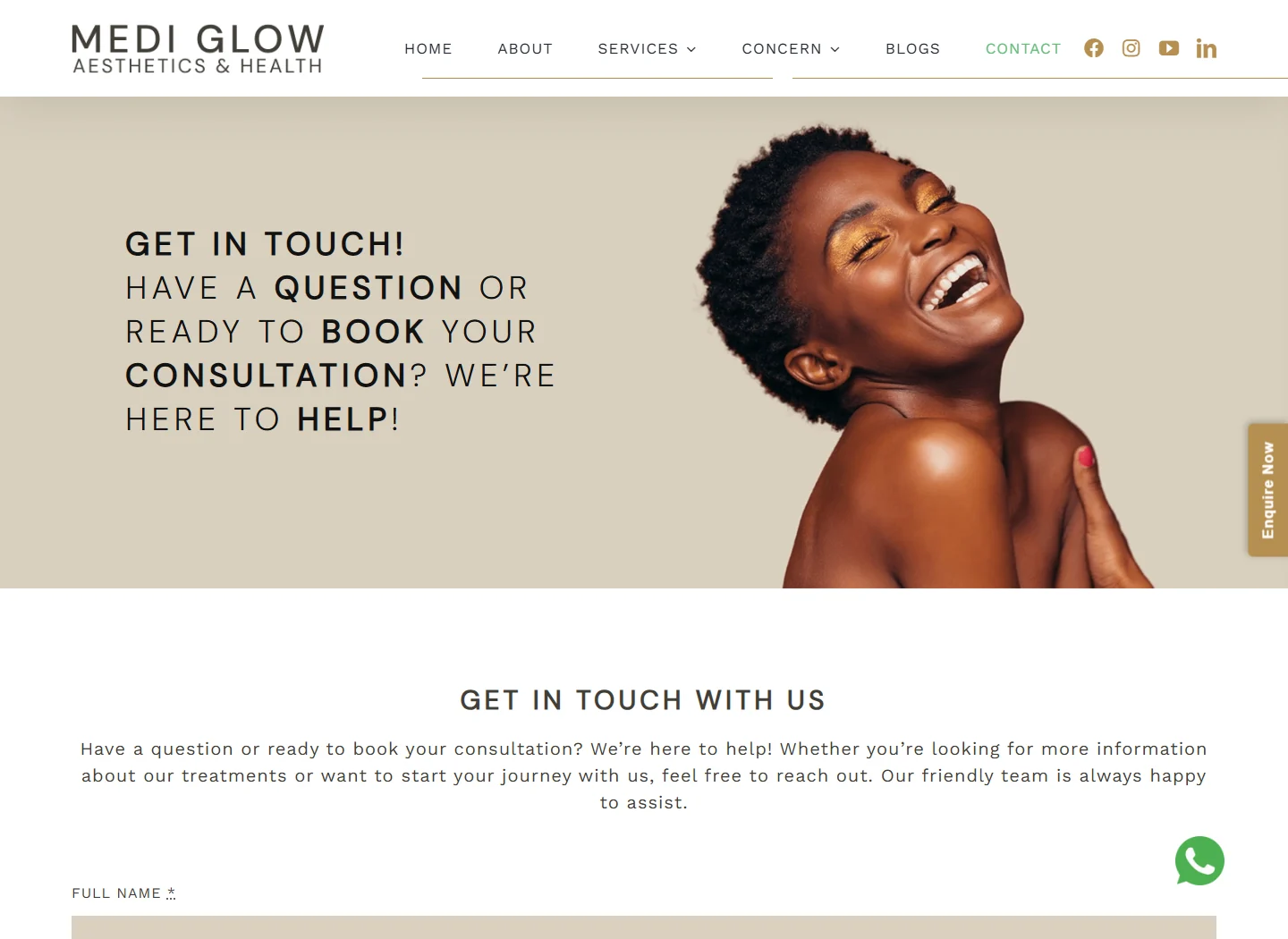 MediGlow contact page with location information and consultation options