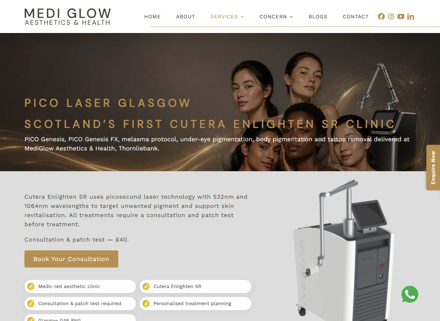 MediGlow Pico Laser page showing treatment information and consultation options