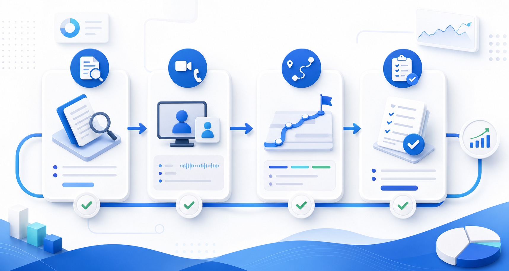 Consultation workflow showing requirement review, initial discussion, solution planning, proposal, and next steps