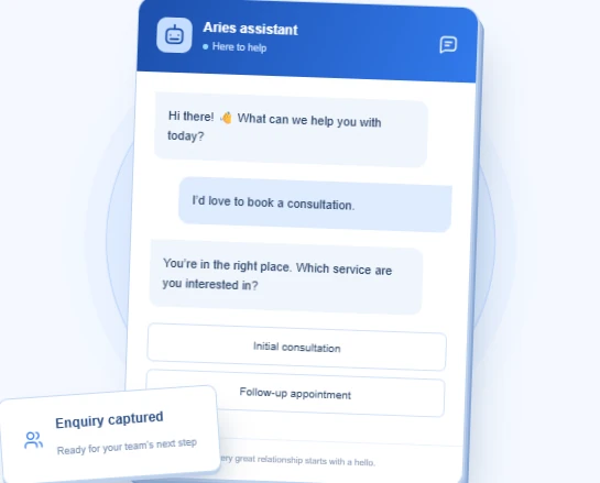 Aries public chatbot preview showing a consultation enquiry and service selection