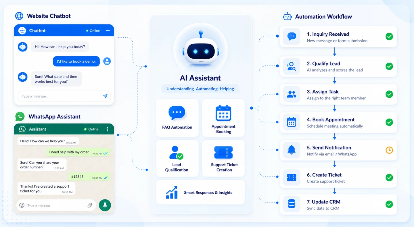 AI chatbot and workflow automation visual showing website chatbot, WhatsApp assistant, lead qualification, appointment booking, notifications, ticket creation, and CRM update workflow