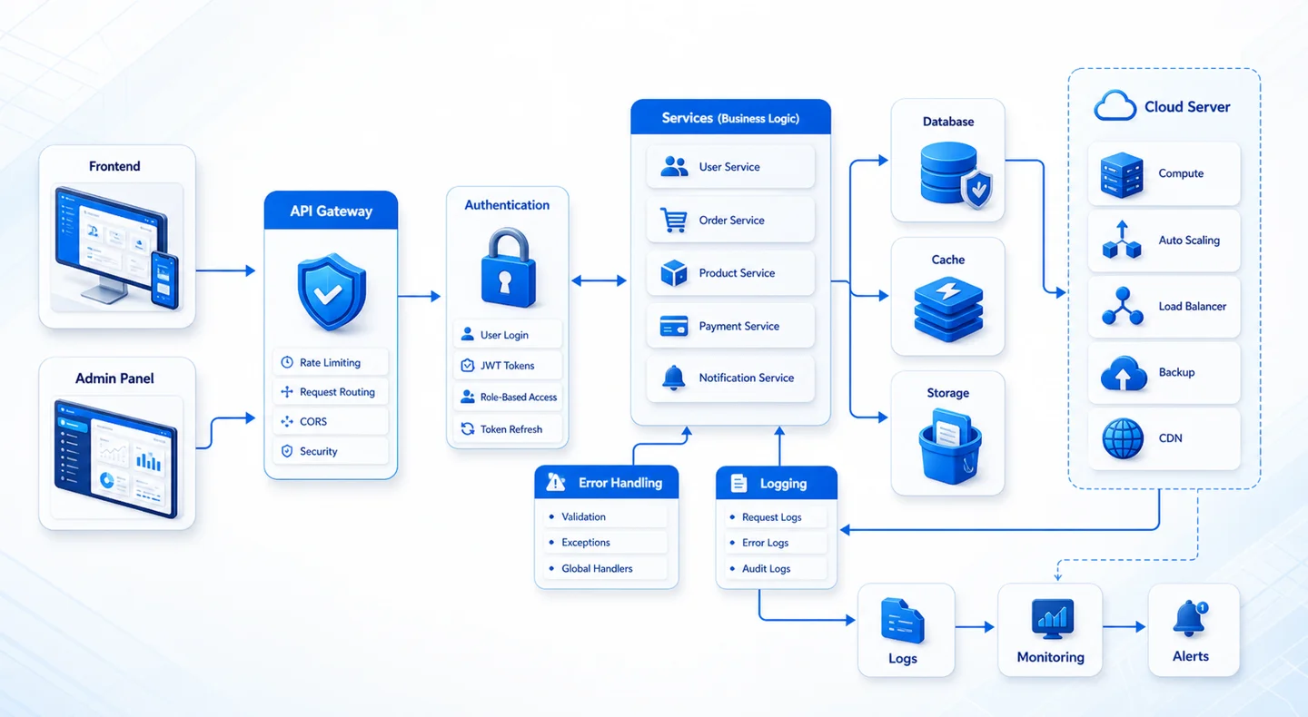 Illustrative application architecture connecting user interfaces, APIs and backend services