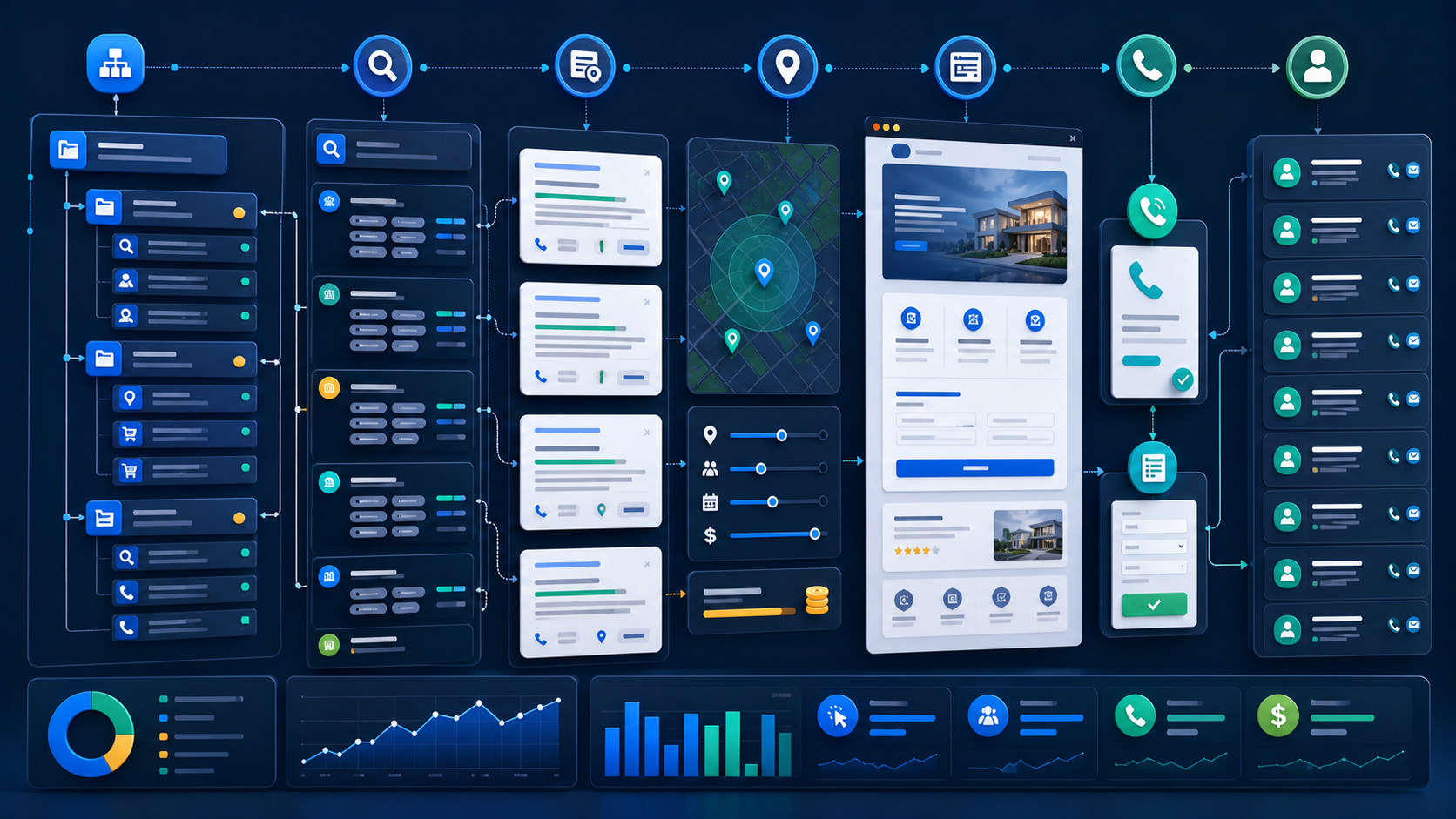 PPC lead generation workflow showing keyword clusters, campaign structure, search ad cards, location targeting, landing page conversion path, call leads, lead forms, and customer inquiry records