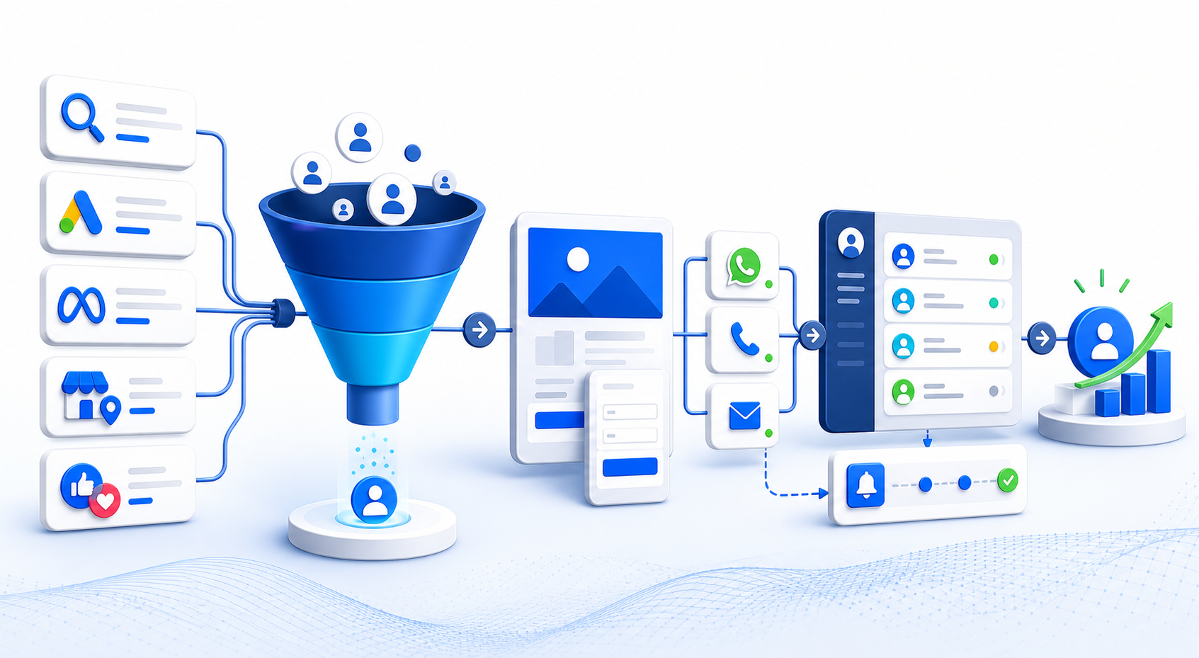 Lead generation funnel workflow connecting SEO, Google Ads, Meta Ads, local search, landing pages, WhatsApp, calls, CRM, follow-up, and conversions