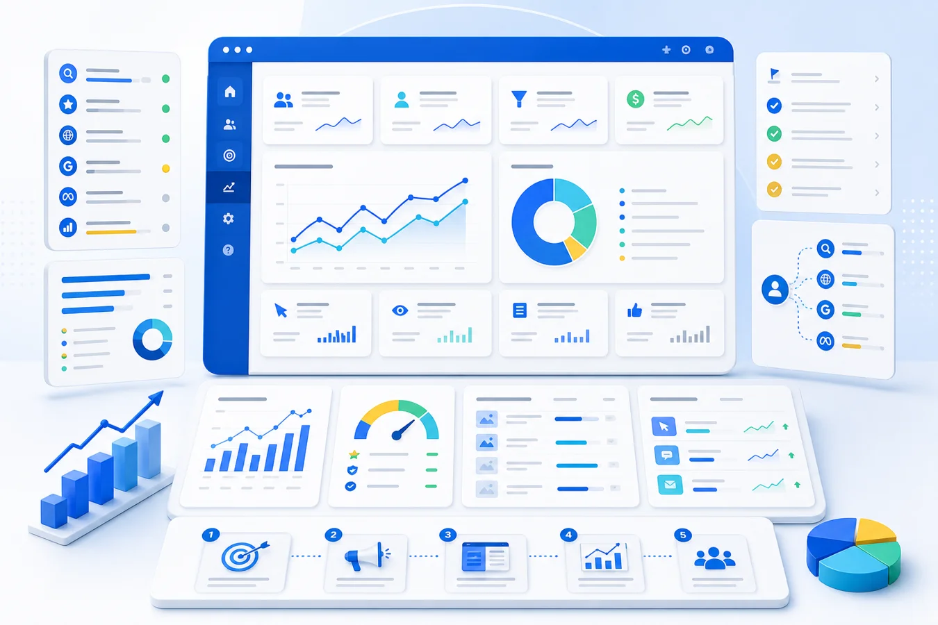 Lead generation reporting dashboard with source attribution, campaign performance, cost per lead, lead quality, landing page performance, CTA insights, and optimization roadmap