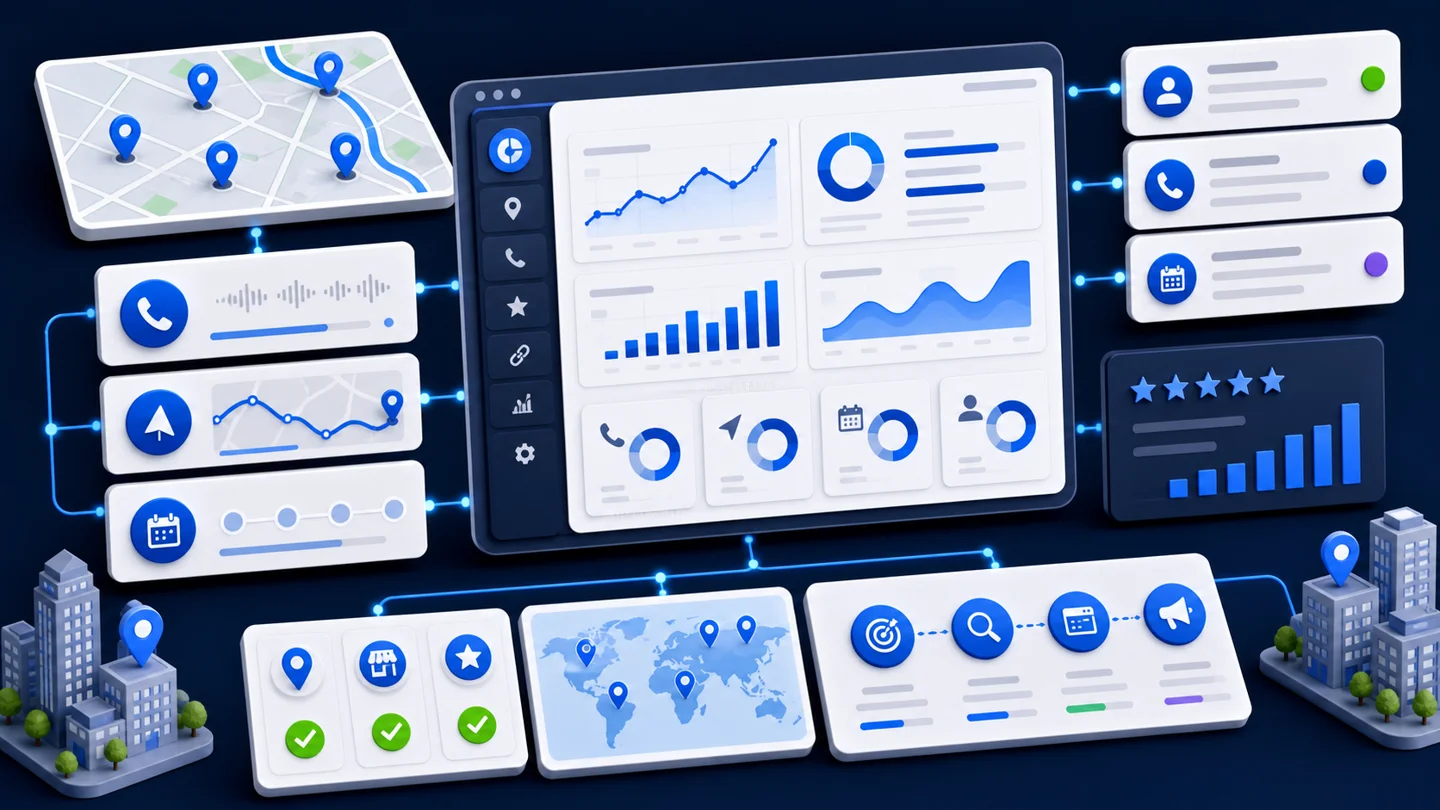 Local SEO reporting dashboard with multi-location map pins, call insights, direction requests, appointment leads, review progress, citation updates, local ranking chart, and action roadmap tiles