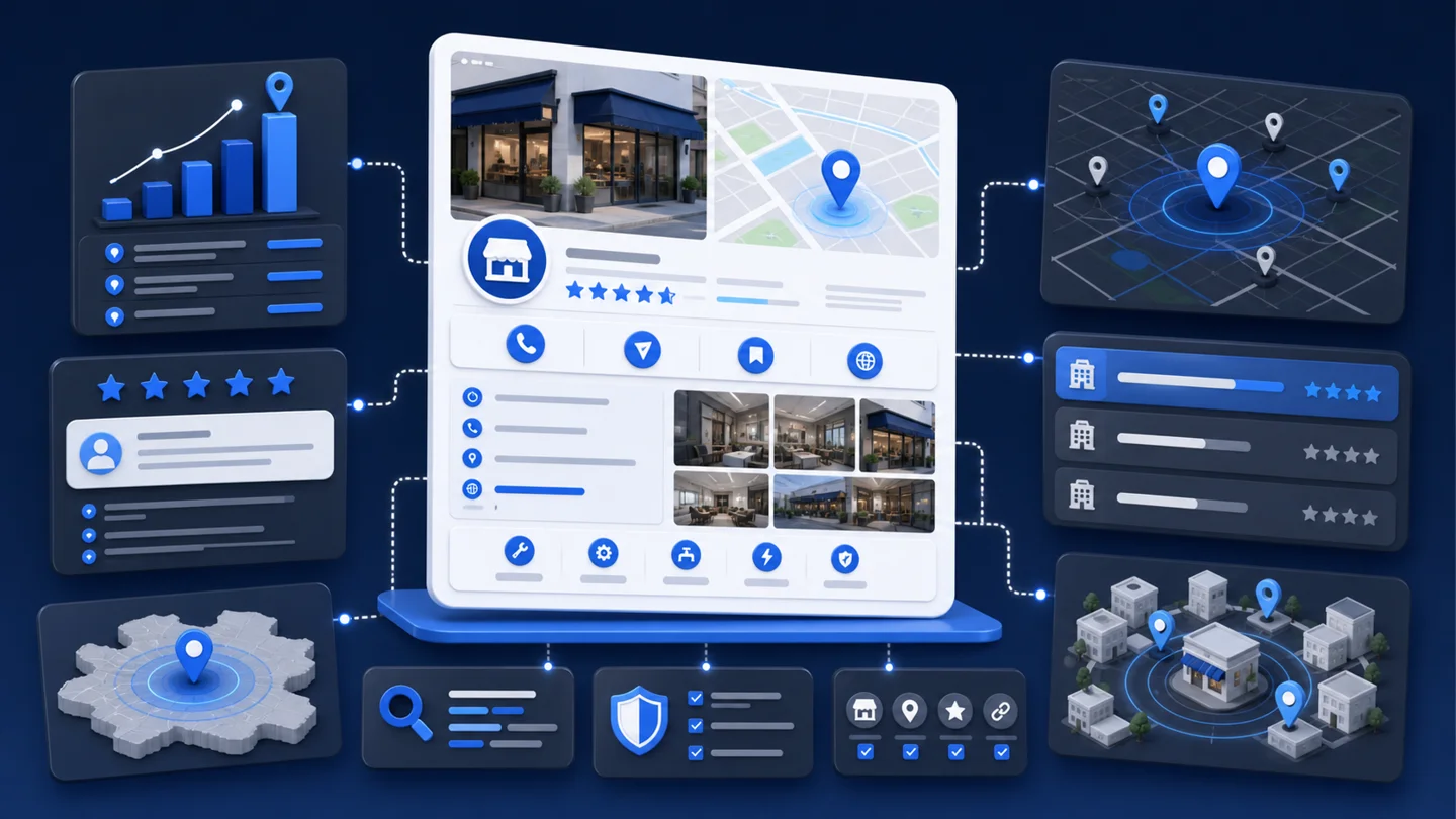 Local business profile optimization dashboard connected to map ranking, reviews, citations, service area targeting, local keywords, call actions, direction actions, and competitor comparison panels