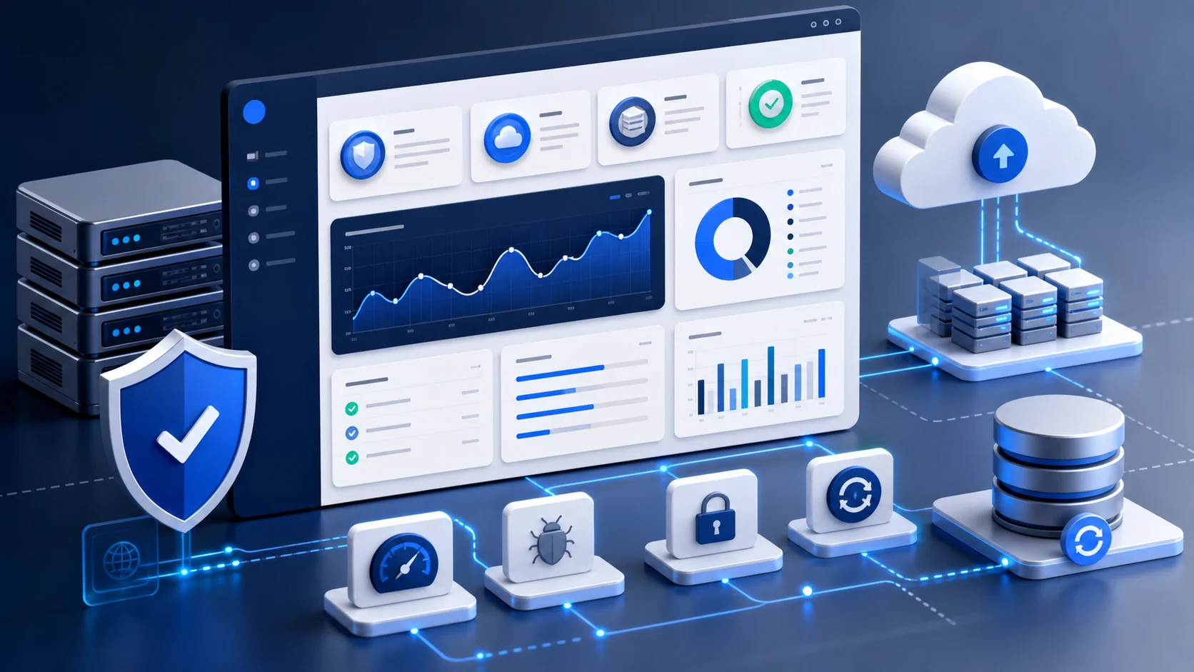 Maintenance monitoring dashboard with security shield, backup cloud, server health, database recovery, performance graphs, bug fixing, and platform status modules