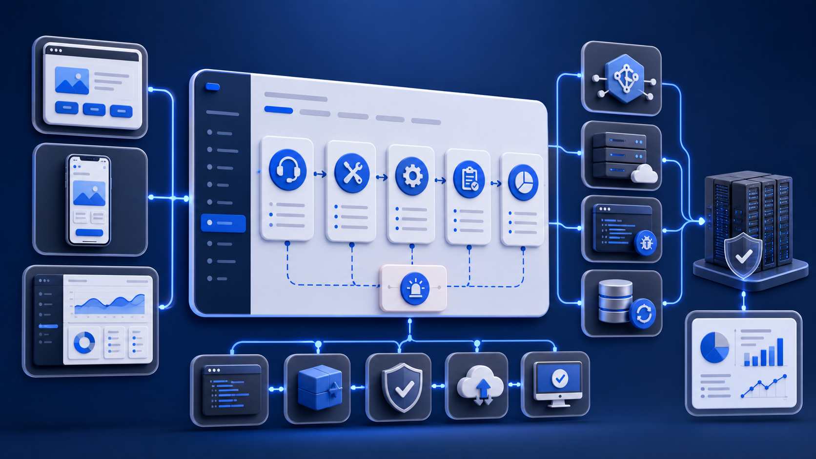 Technical support workflow board connected to website, mobile app, software dashboard, API gateway, server, bug fixing, update deployment, QA testing, backup restore, and reporting modules
