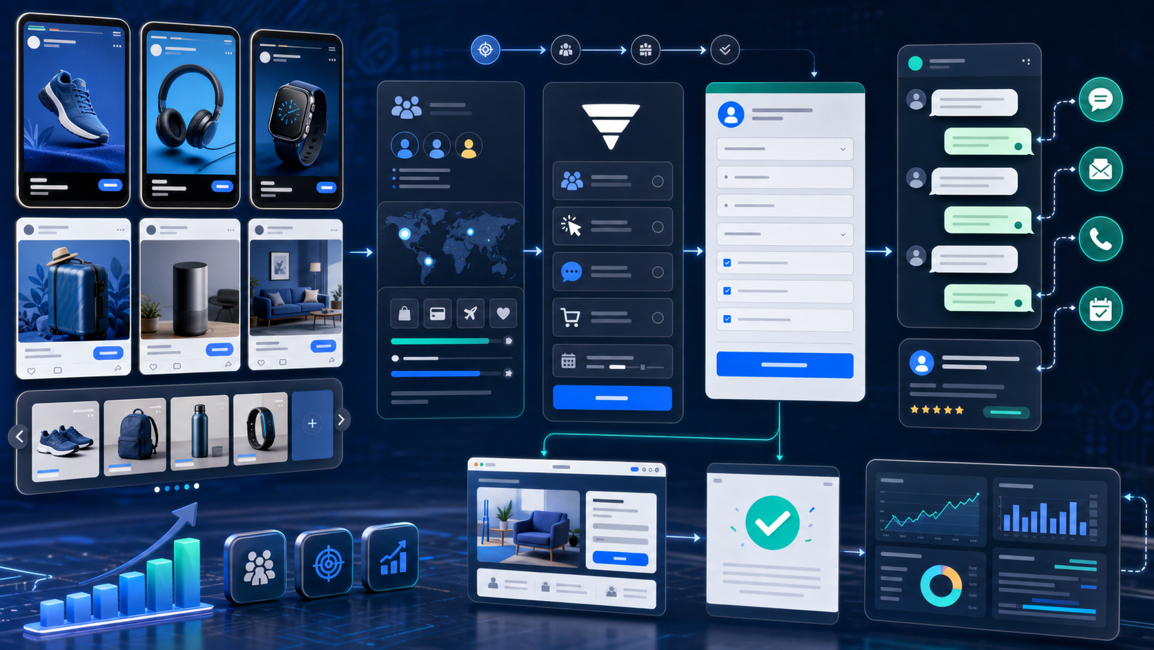 Meta Ads creative and lead generation workflow with mobile feed ad previews, reels and story frames, audience segments, lead forms, chat inquiry path, landing page funnel, and reporting cards