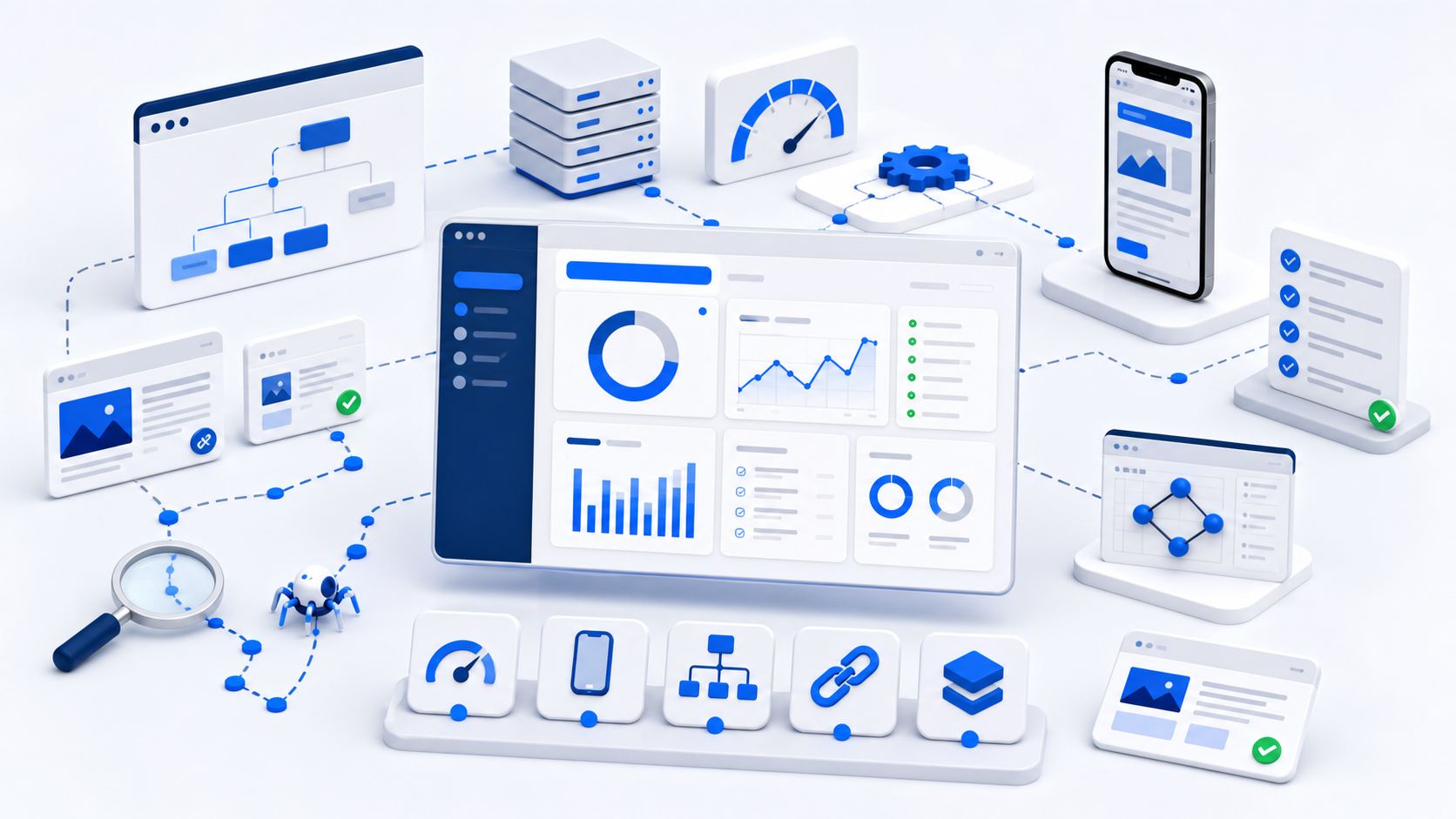 SEO audit and technical optimization dashboard with crawl map, website architecture, page speed panels, mobile usability, sitemap nodes, broken-link fixes, and structured data modules