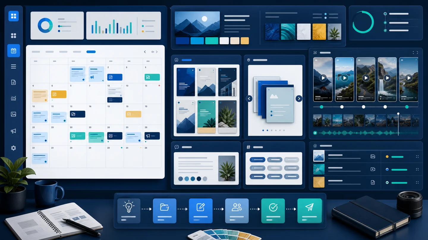 Social media content calendar workflow with post templates, carousel planning, reels storyboard frames, caption cards, hashtag cards, campaign theme board, and publishing queue