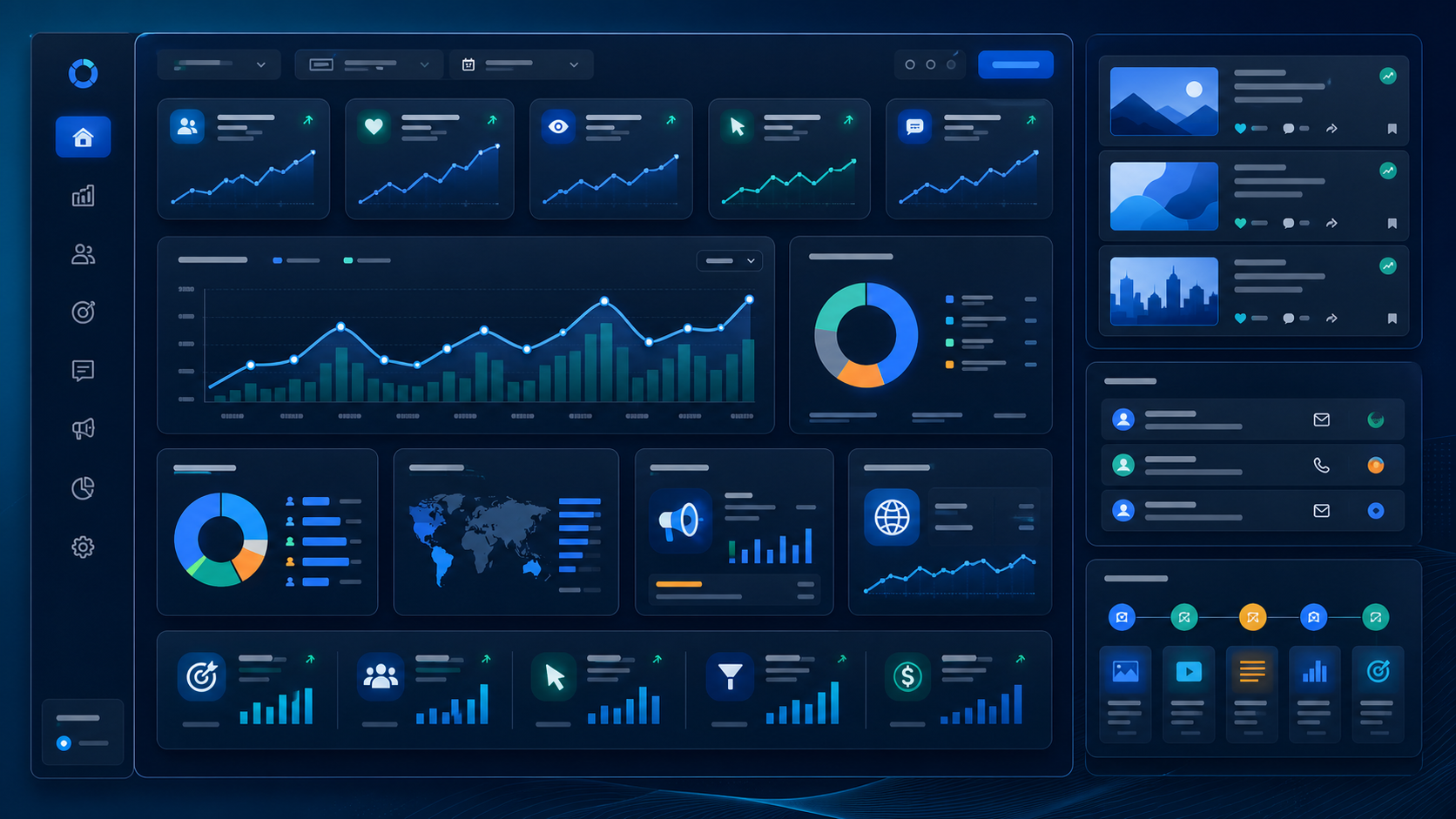 Social media reporting dashboard with reach, impressions, engagement, follower growth, best-performing posts, campaign performance, lead inquiry cards, website traffic signals, and improvement roadmap