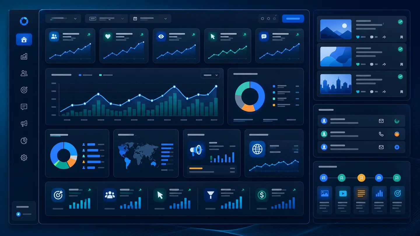 Social media reporting dashboard with reach, impressions, engagement, follower growth, best-performing posts, campaign performance, lead inquiry cards, website traffic signals, and improvement roadmap
