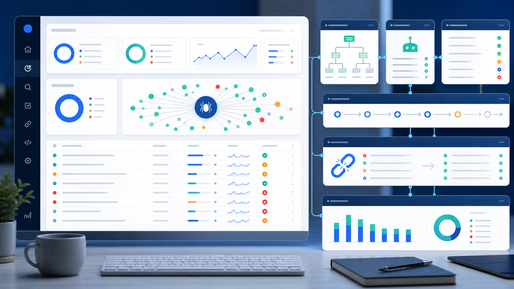 Technical SEO audit workflow with crawl graph, sitemap tree, redirect path, broken link repair cards, index checks, and issue status rows