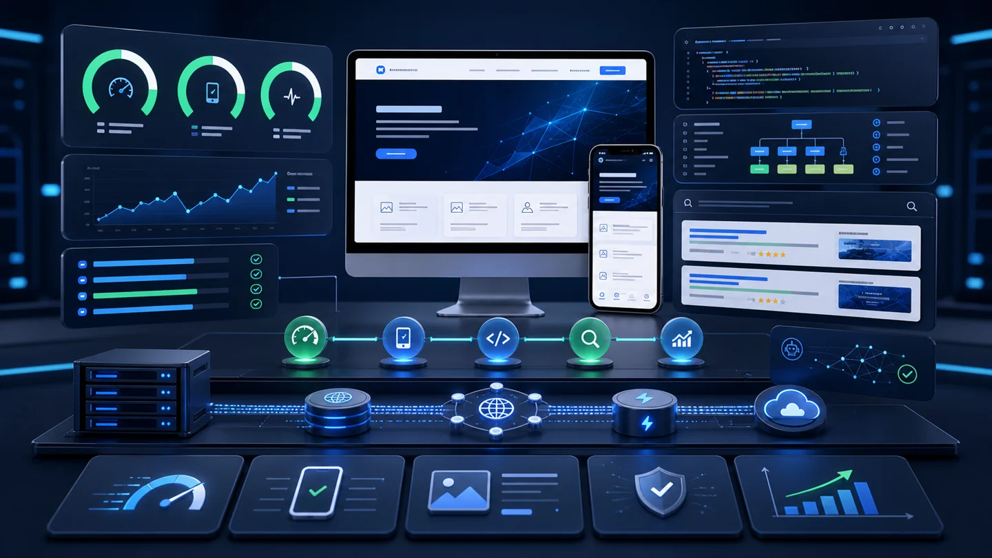 Technical SEO performance lab showing website speed gauges, mobile preview, schema markup layers, search result cards, server response timeline, CDN nodes, and optimization checks